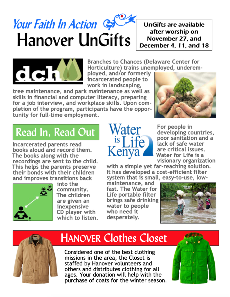 Flier for Hanover UnGifts options for Christmas 2022